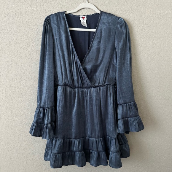 Heart & Heels Satin Blue Long Ruffle Sleeve Dress - Picture 1 of 3